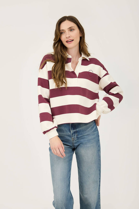 STRIPE COLLARED LONG SLEEVE POLO KNIT TOP: OXBLOOD