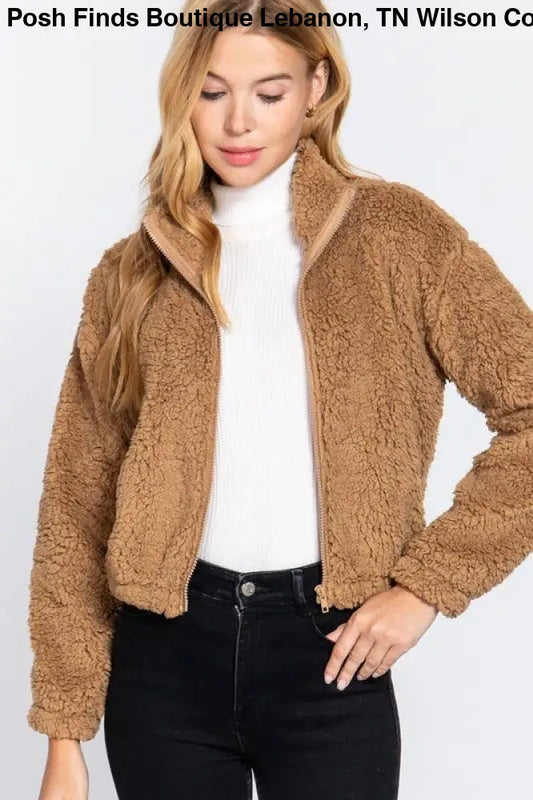 Faux Fur Zip-up Jacket: KHAKI - Posh Finds