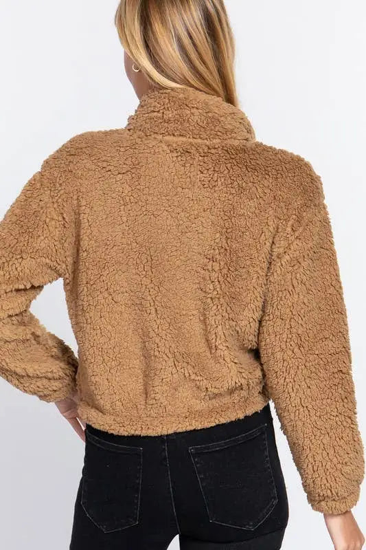 Faux Fur Zip-up Jacket: KHAKI - Posh Finds