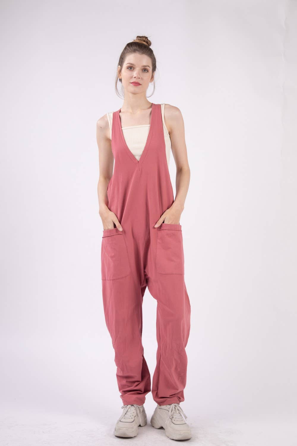 NP70424-Casual Loose Fit Solid Knit Baggy Jumpsuit: BRICK / S-M-L/2-2-2