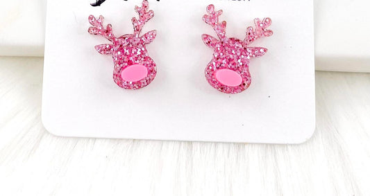 Pink Sparkle Reindeer Stud Earrings