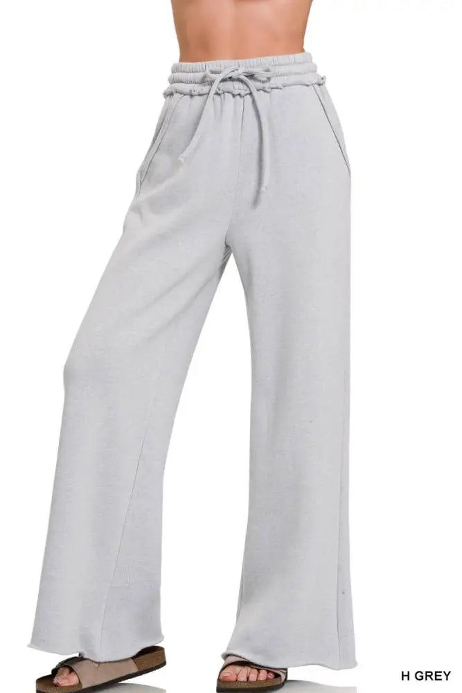 Fleece Exposed Seam Wide Leg Sweatpants: HEATHER GREY - Posh Finds