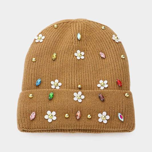 Fleece Lining Daisy Flower Stone Solid Knit Beanie Hat: Brown - Posh Finds