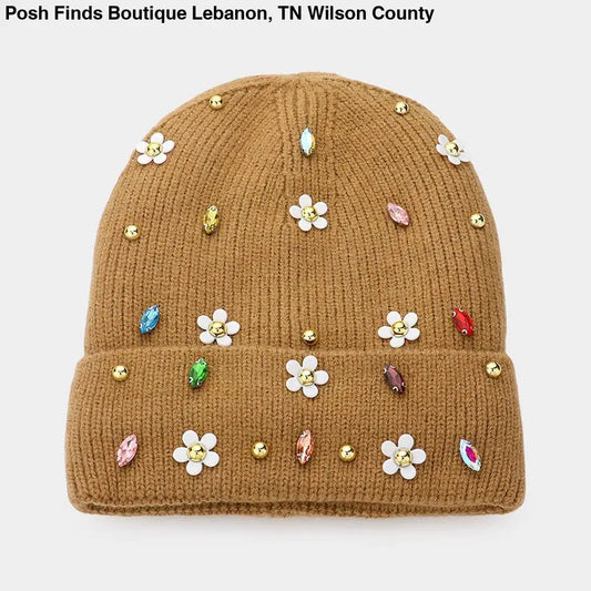 Fleece Lining Daisy Flower Stone Solid Knit Beanie Hat: Brown - Posh Finds