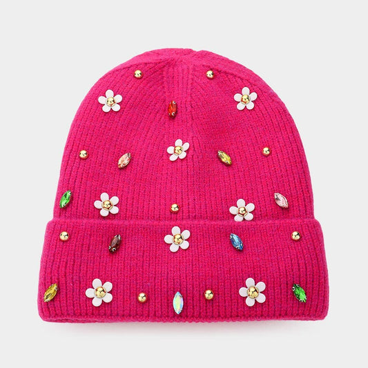 Fleece Lining Daisy Flower Stone Solid Knit Beanie Hat: Pink - Posh Finds