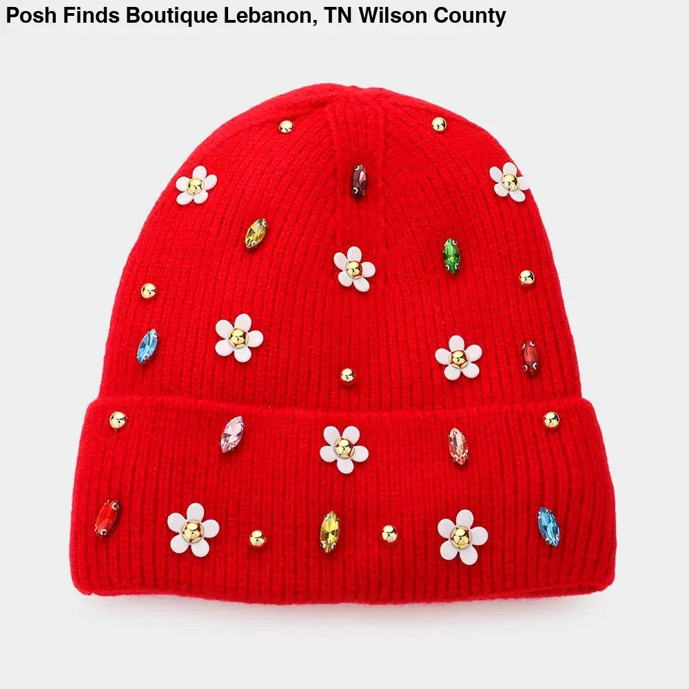 Fleece Lining Daisy Flower Stone Solid Knit Beanie Hat: White - Posh Finds