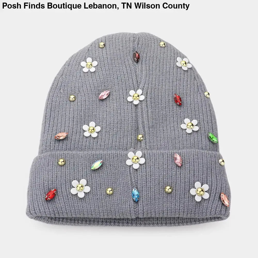 Fleece Lining Daisy Flower Stone Solid Knit Beanie Hat: White - Posh Finds