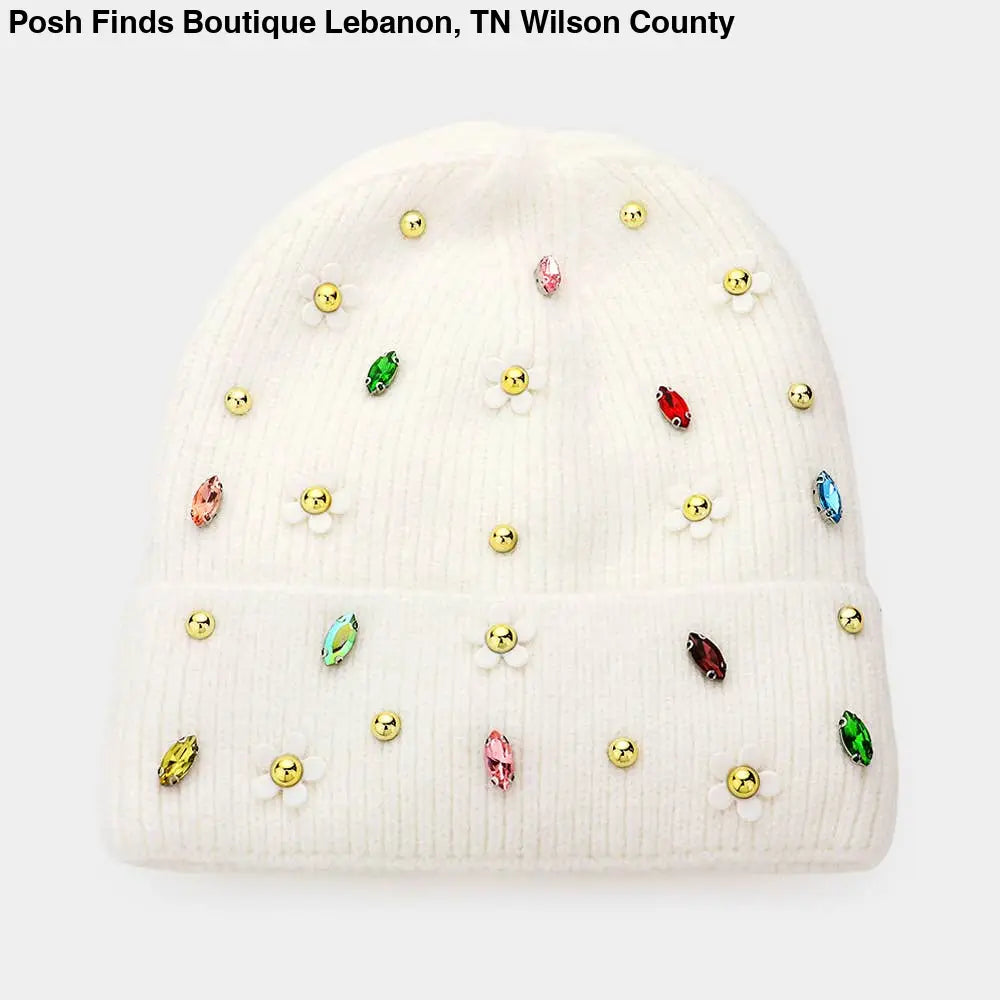 Fleece Lining Daisy Flower Stone Solid Knit Beanie Hat: White - Posh Finds
