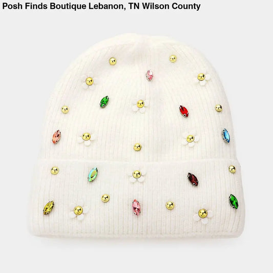 Fleece Lining Daisy Flower Stone Solid Knit Beanie Hat: White - Posh Finds