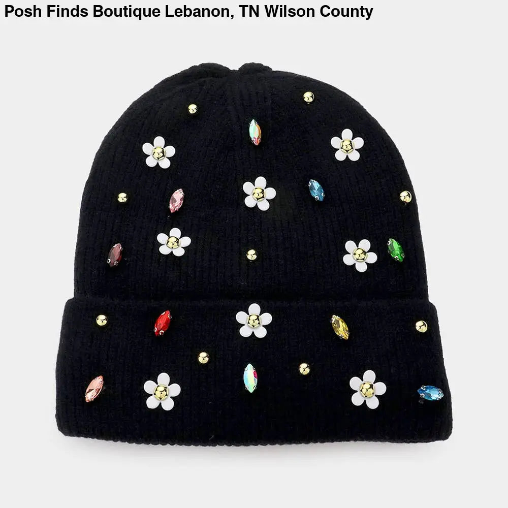 Fleece Lining Daisy Flower Stone Solid Knit Beanie Hat: White - Posh Finds