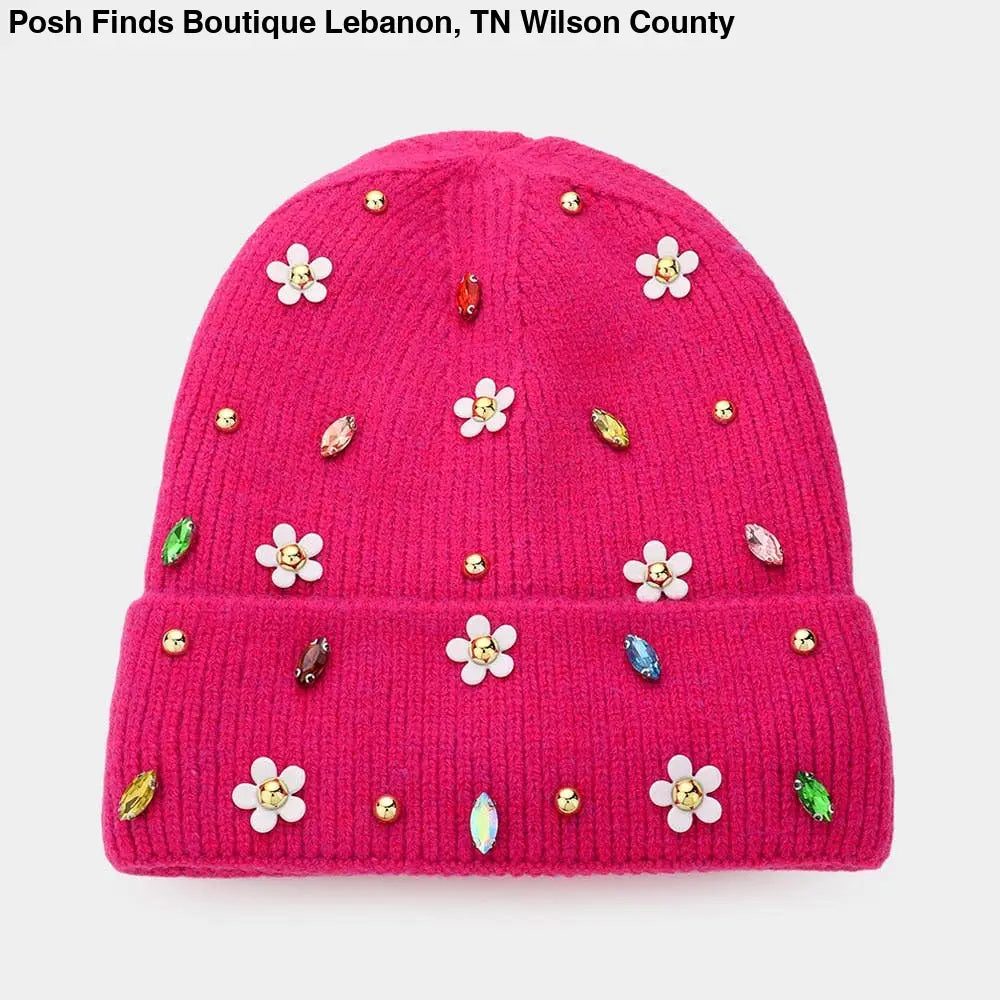 Fleece Lining Daisy Flower Stone Solid Knit Beanie Hat: White - Posh Finds