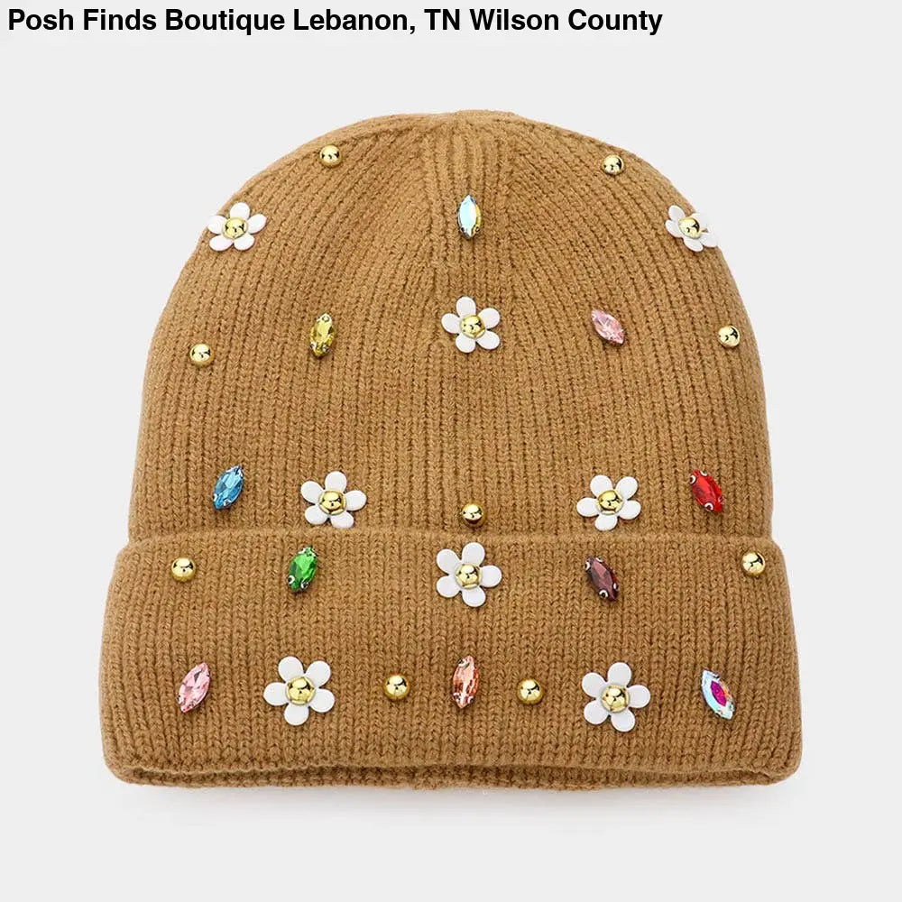 Fleece Lining Daisy Flower Stone Solid Knit Beanie Hat: White - Posh Finds