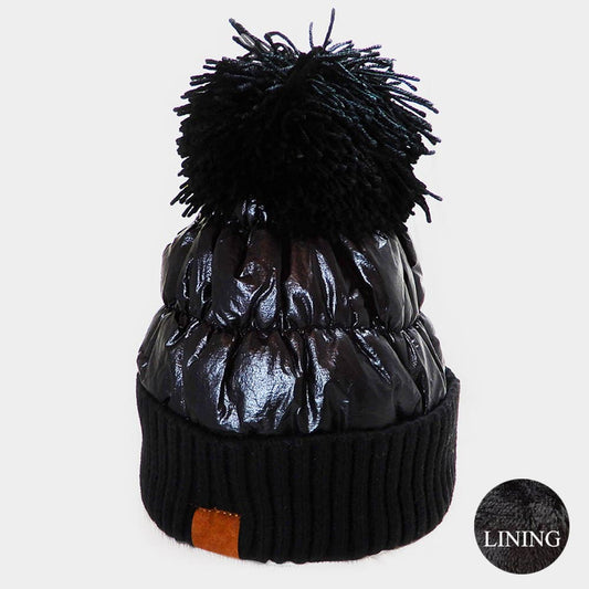Fleece Lining Puffer Knit Pom Pom Beanie Hat
: Black - Posh Finds