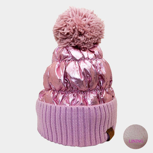 Fleece Lining Puffer Knit Pom Pom Beanie Hat
: Pink - Posh Finds
