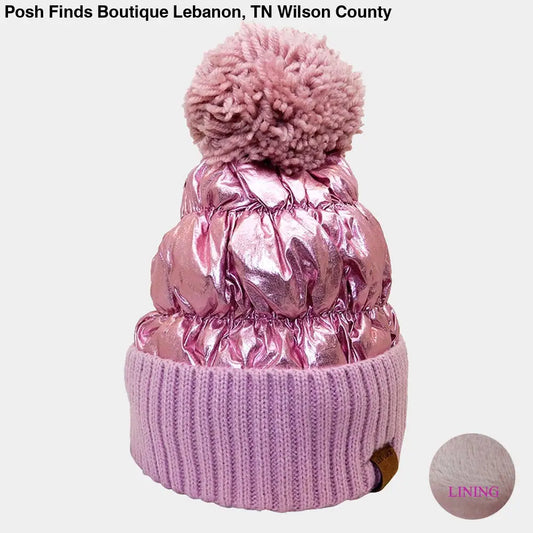 Fleece Lining Puffer Knit Pom Pom Beanie Hat
: Pink - Posh Finds