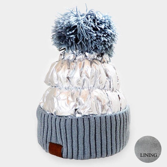 Fleece Lining Puffer Knit Pom Pom Beanie Hat
: Silver - Posh Finds