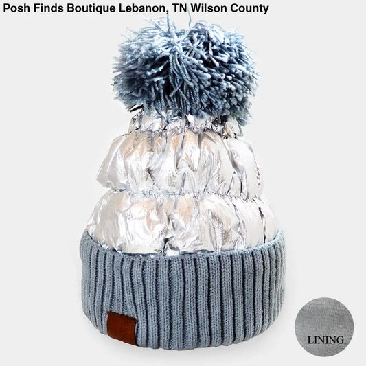 Fleece Lining Puffer Knit Pom Pom Beanie Hat
: Silver - Posh Finds