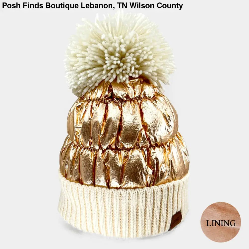 Fleece Lining Puffer Knit Pom Pom Beanie Hat
: White - Posh Finds