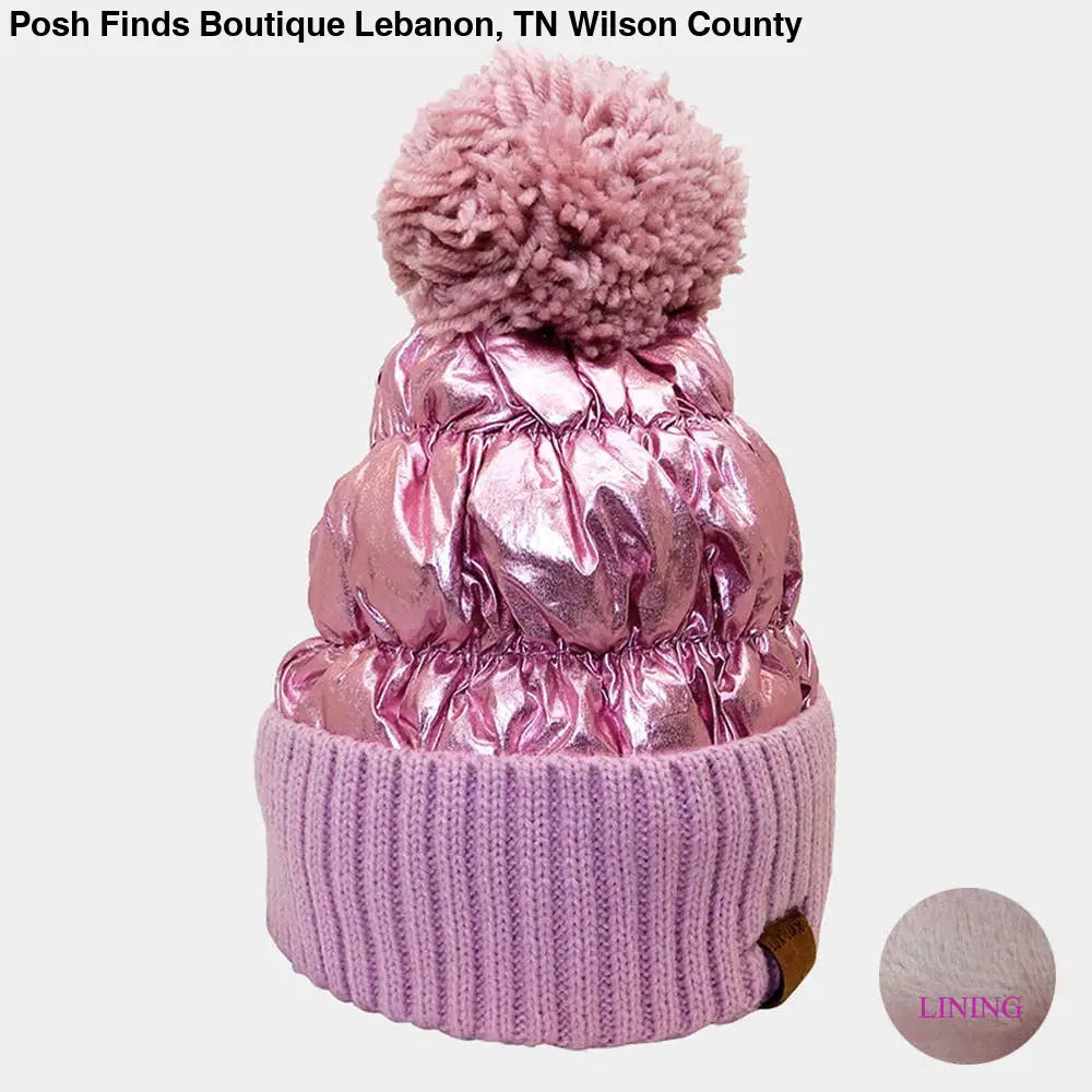 Fleece Lining Puffer Knit Pom Pom Beanie Hat
: White - Posh Finds