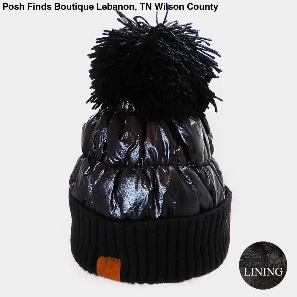 Fleece Lining Puffer Knit Pom Pom Beanie Hat
: White - Posh Finds