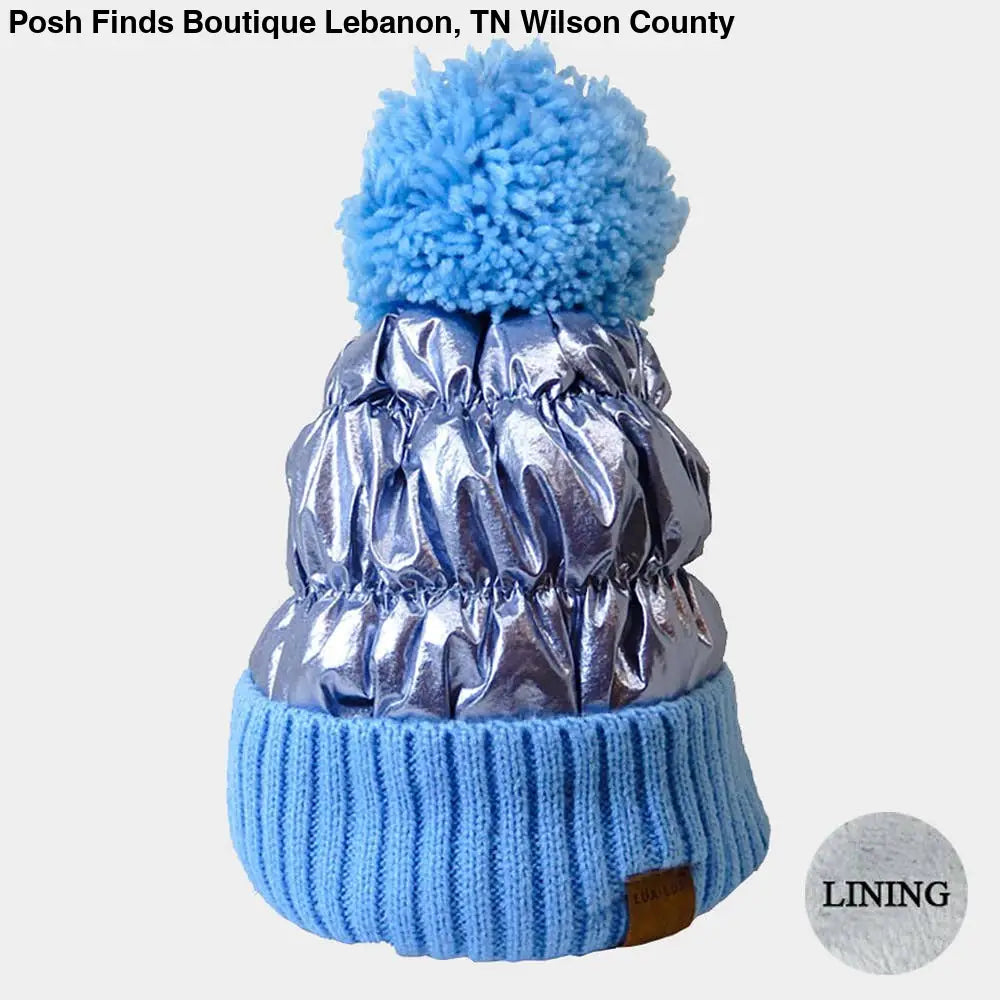 Fleece Lining Puffer Knit Pom Pom Beanie Hat
: White - Posh Finds
