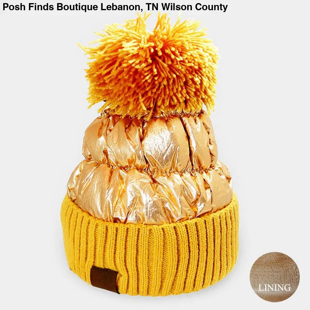 Fleece Lining Puffer Knit Pom Pom Beanie Hat
: White - Posh Finds