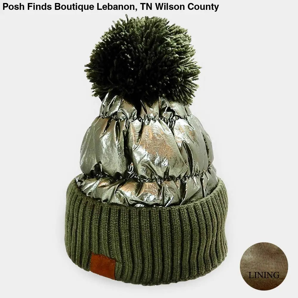 Fleece Lining Puffer Knit Pom Pom Beanie Hat
: White - Posh Finds
