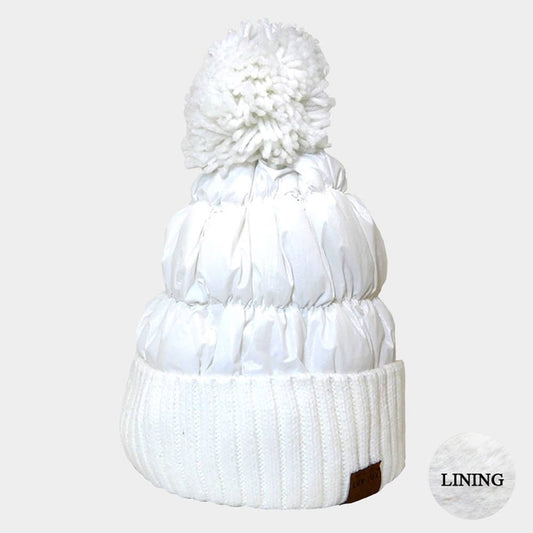 Fleece Lining Puffer Knit Pom Pom Beanie Hat
: White - Posh Finds