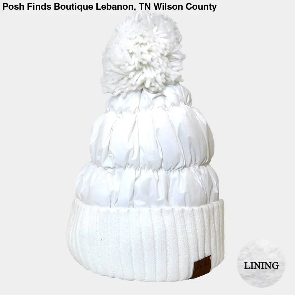 Fleece Lining Puffer Knit Pom Pom Beanie Hat
: White - Posh Finds