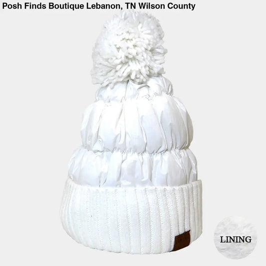 Fleece Lining Puffer Knit Pom Pom Beanie Hat
: White - Posh Finds