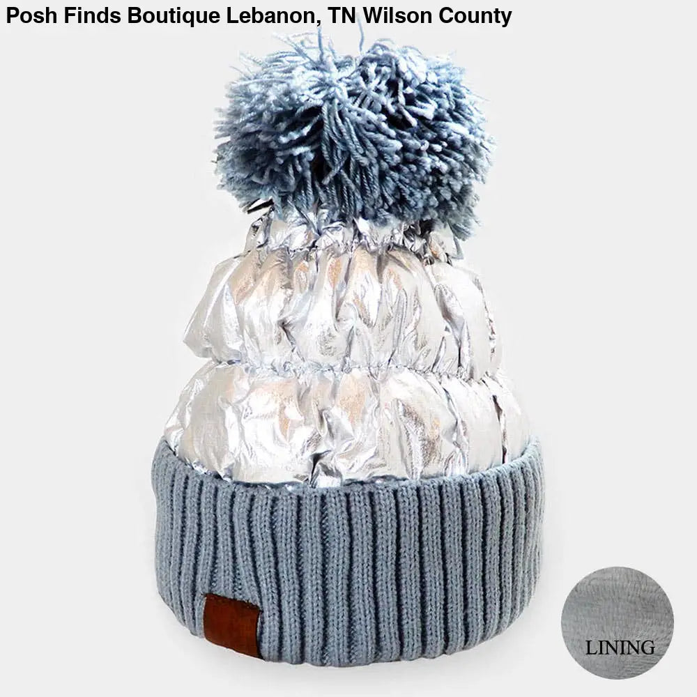 Fleece Lining Puffer Knit Pom Pom Beanie Hat
: White - Posh Finds