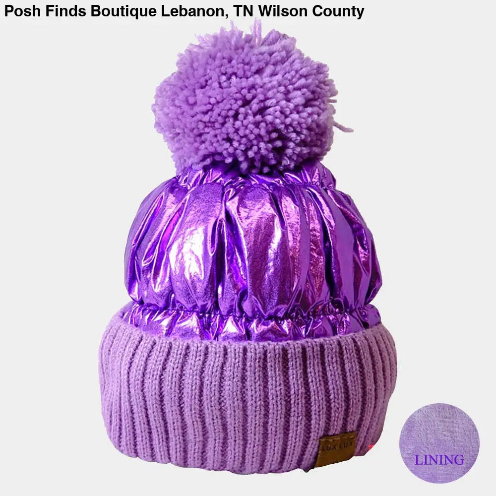 Fleece Lining Puffer Knit Pom Pom Beanie Hat
: White - Posh Finds