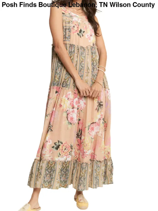 PLUS FLORAL BOHO STRIPE MIXED FULL SKIRT MIXI DRESS SAGE - Posh Finds