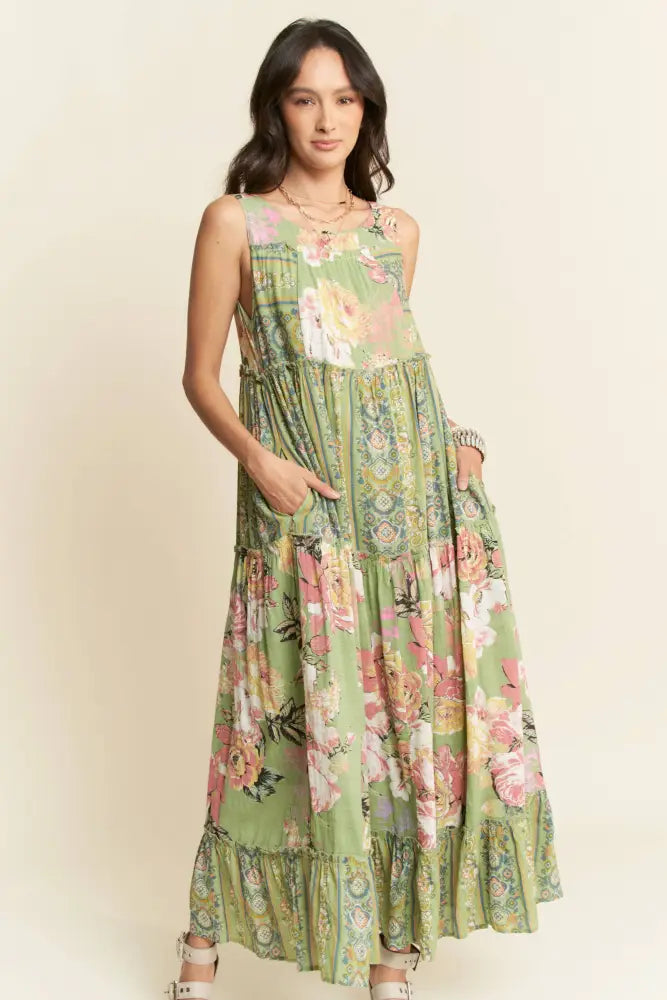 PLUS FLORAL BOHO STRIPE MIXED FULL SKIRT MIXI DRESS SAGE - Posh Finds