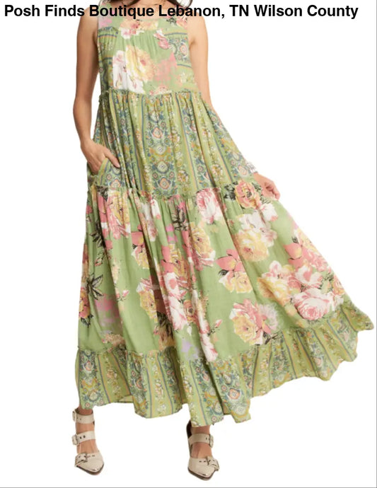 PLUS FLORAL BOHO STRIPE MIXED FULL SKIRT MIXI DRESS SAGE - Posh Finds