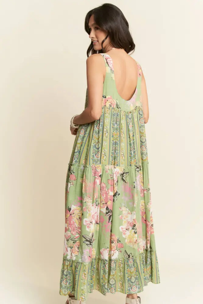 PLUS FLORAL BOHO STRIPE MIXED FULL SKIRT MIXI DRESS SAGE - Posh Finds