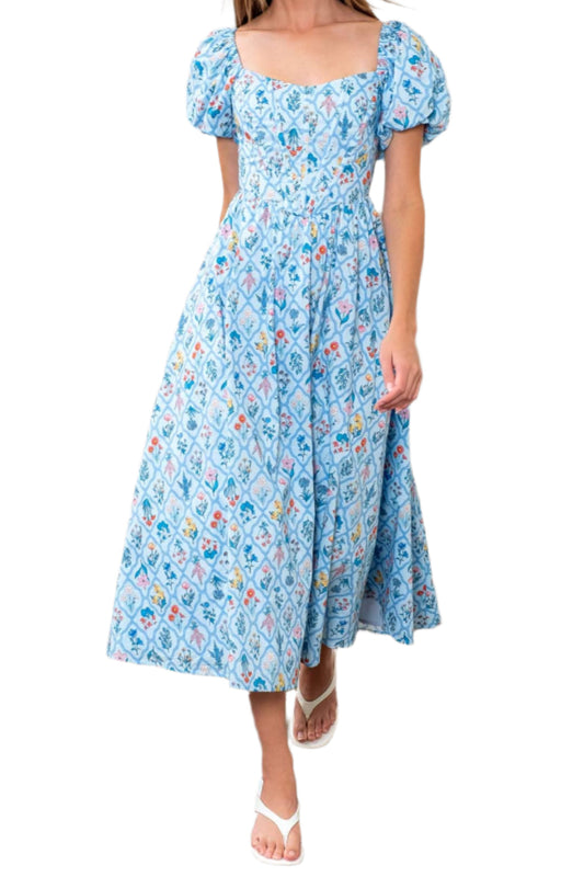 FLORAL BOUQUET PUFF SLEEVE CORSET MIDI DRESS: BLUE - Posh Finds