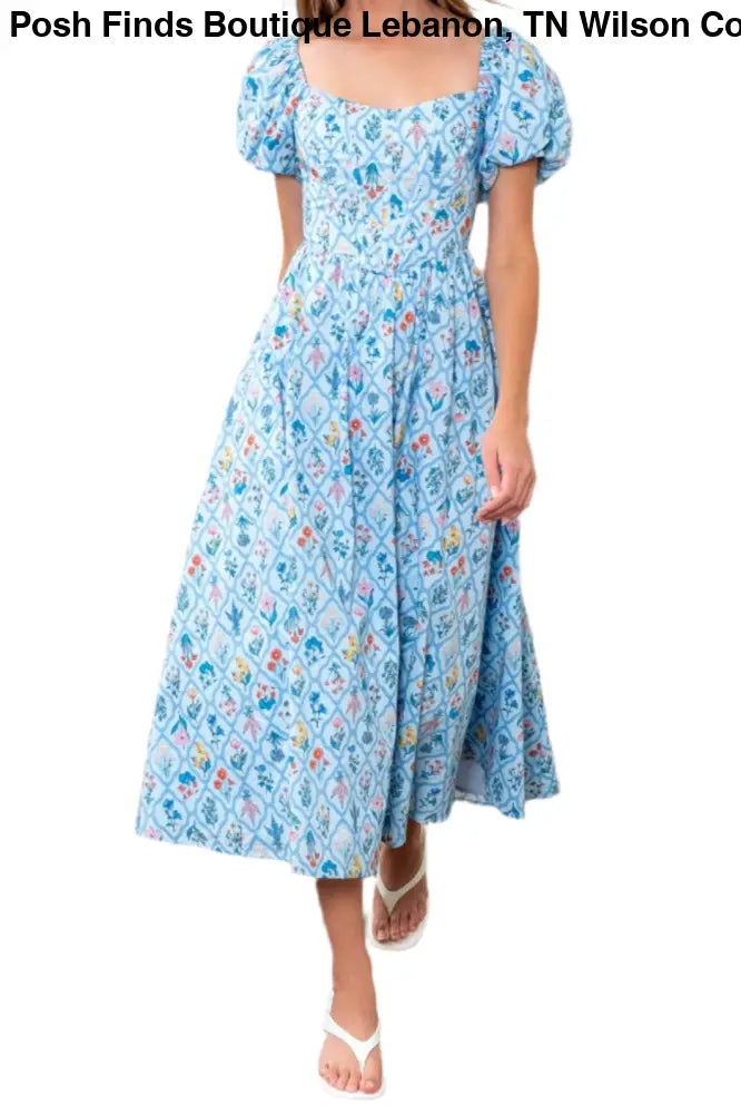 FLORAL BOUQUET PUFF SLEEVE CORSET MIDI DRESS: BLUE - Posh Finds