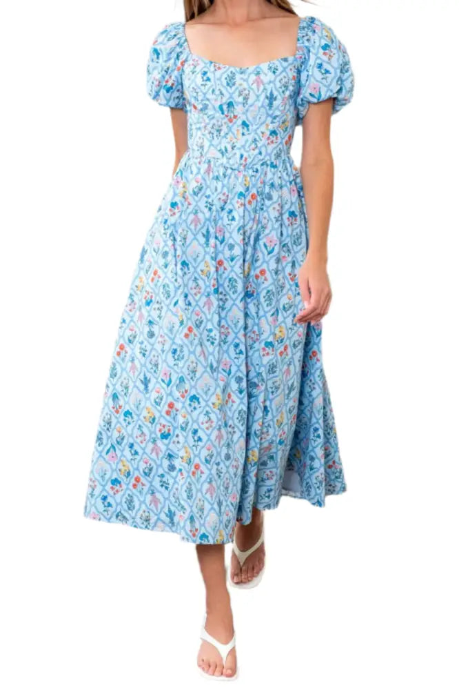 FLORAL BOUQUET PUFF SLEEVE CORSET MIDI DRESS: BLUE - Posh Finds