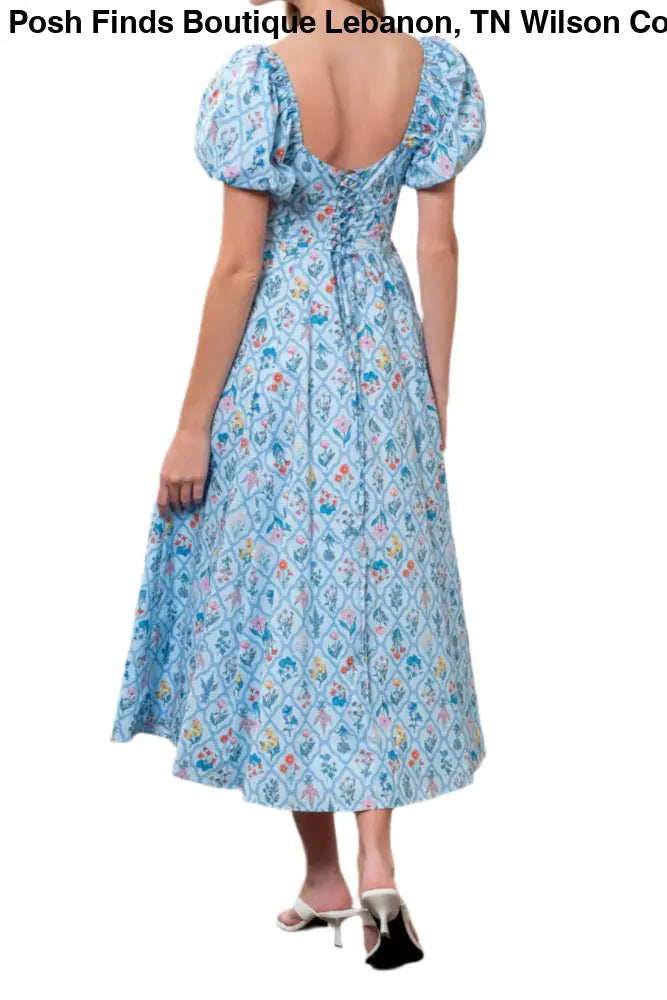 FLORAL BOUQUET PUFF SLEEVE CORSET MIDI DRESS: BLUE - Posh Finds