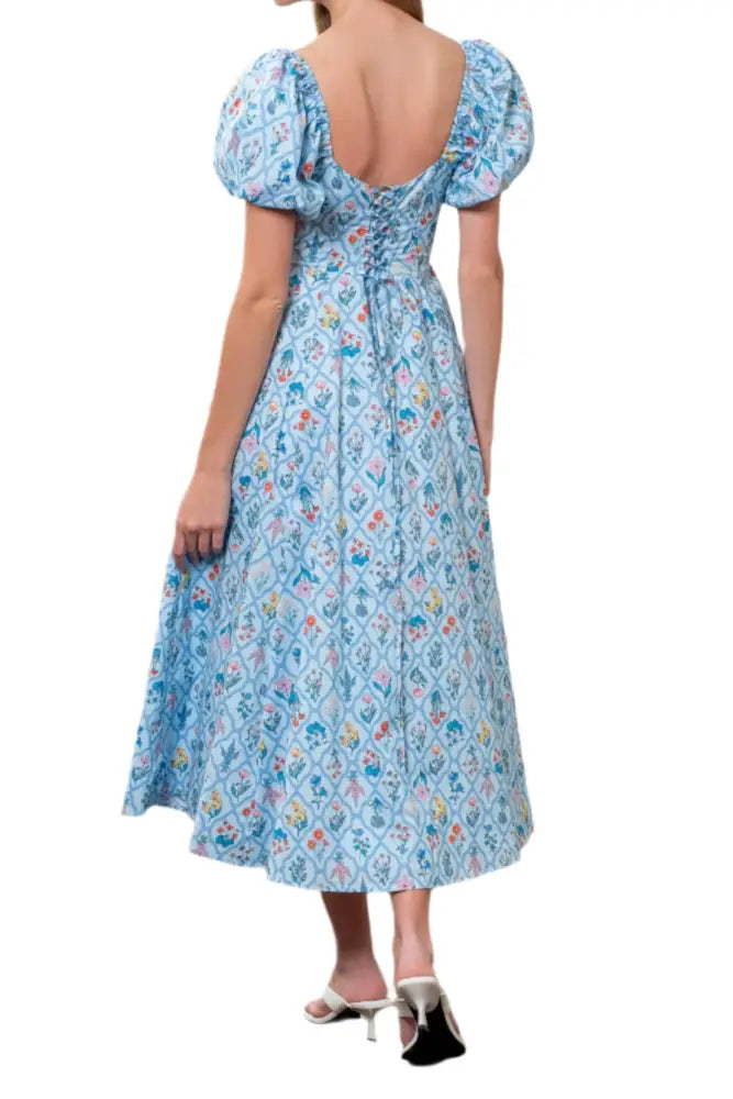 FLORAL BOUQUET PUFF SLEEVE CORSET MIDI DRESS: BLUE - Posh Finds