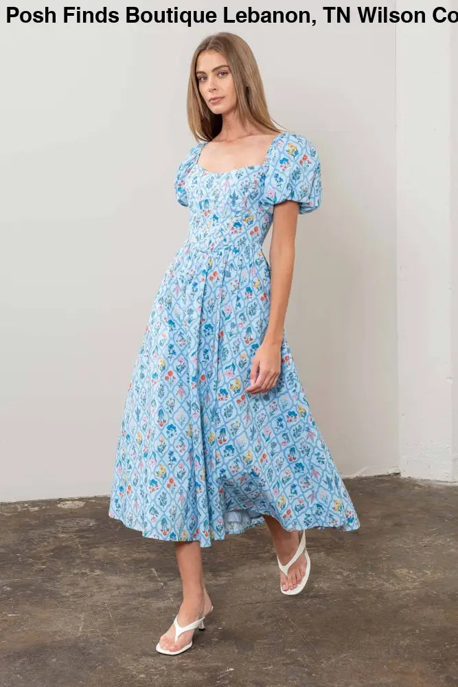FLORAL BOUQUET PUFF SLEEVE CORSET MIDI DRESS: BLUE - Posh Finds