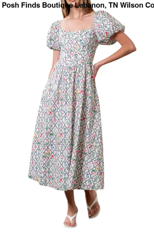 FLORAL BOUQUET PUFF SLEEVE CORSET MIDI DRESS: IVORY - Posh Finds