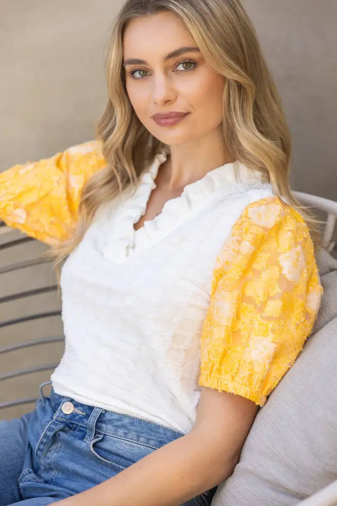 Floral Burn Out Organza Puff Sleeve Top: Yellow - Posh Finds
