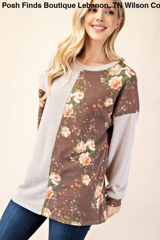 FLORAL CONTRAST LONG SLEEVE TOP RELAXED FIT - Posh Finds