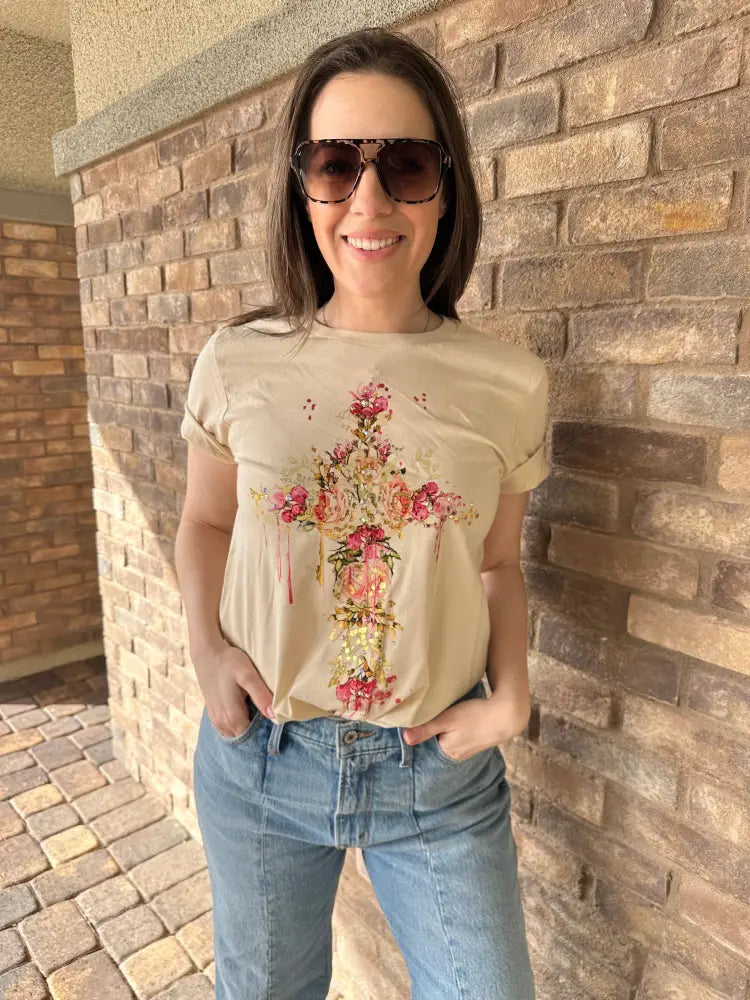 Floral Cross Tan T-shirt - Women > Tops