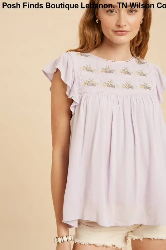 FLORAL EMBROIDERED BABYDOLL TOP: PALE LILAC - Posh Finds