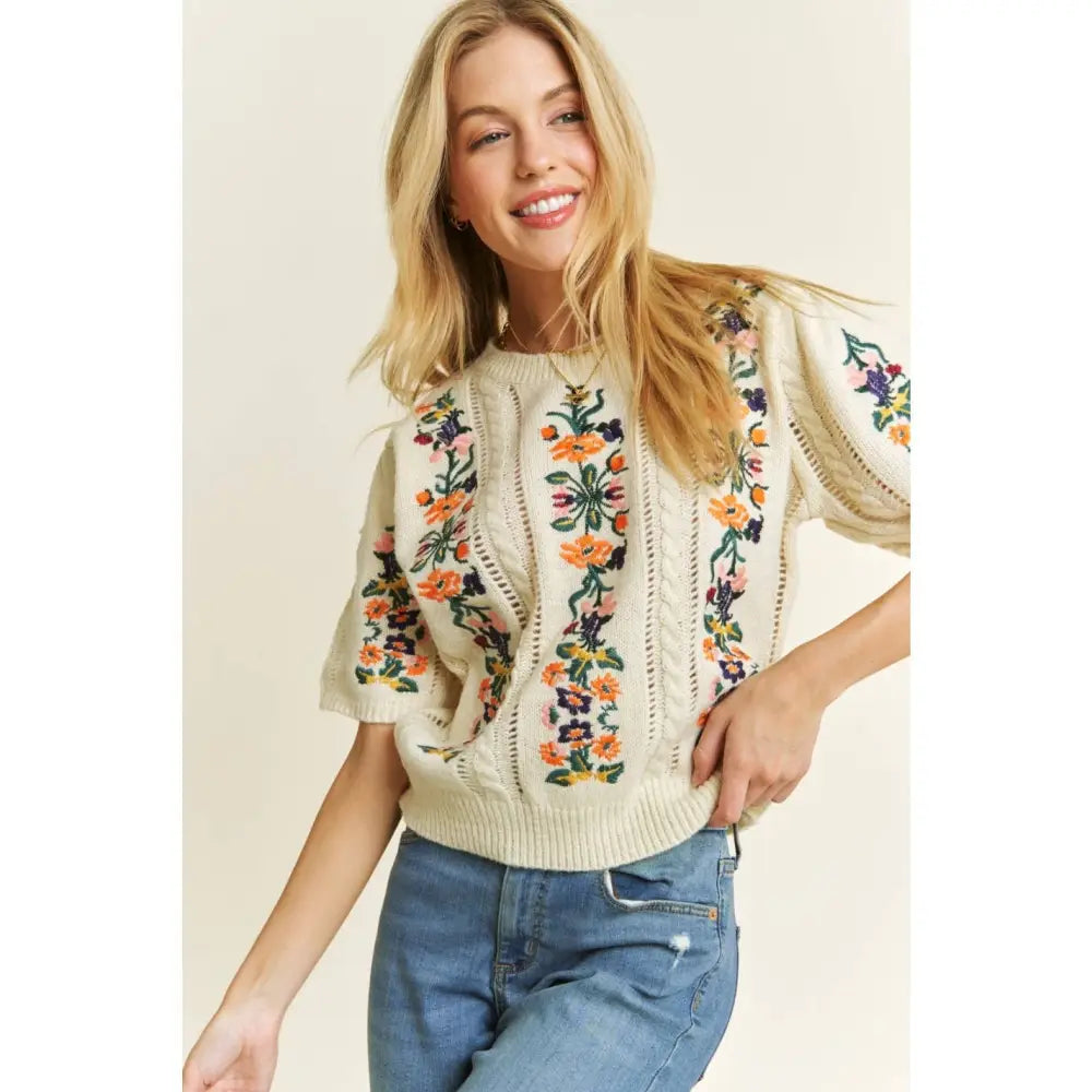 FLORAL EMBROIDERY CASUAL PULLOVER SWEATER Cream - Posh Finds