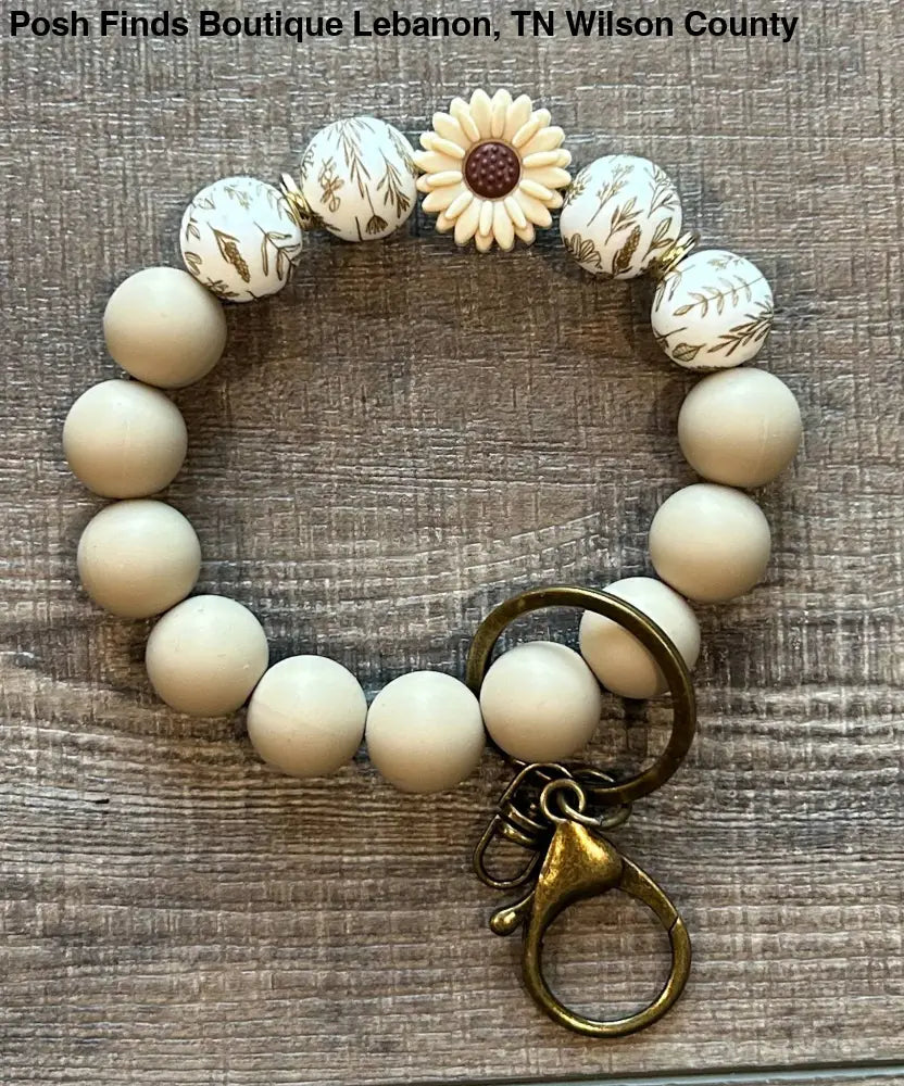 Floral Flower Silicone Bead Wristlet Keychain: Beige - Keychain