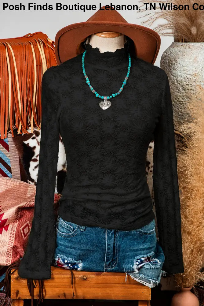 Floral Lace High Neck Long Sleeve Top: Black - Posh Finds